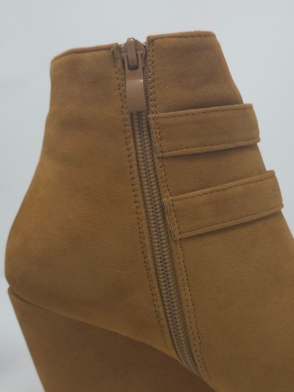 Tan Faux Suede Wedge Ankle Boots Buckle Strap Side Zip Casual Trendy - Picture 10 of 12